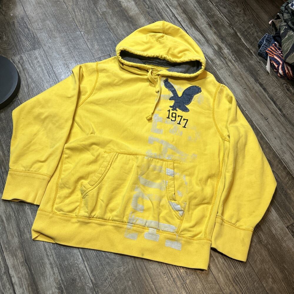 Vintage Print American Eagle Yellow Hoodie Sweatshirt Xxl